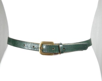 グリーンレザースキニーベルト：レディースナチュラルウエストベルト
