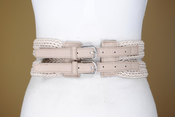 80s  25"-29" Wide Beige Cotton Belt for Women wit… - image 1