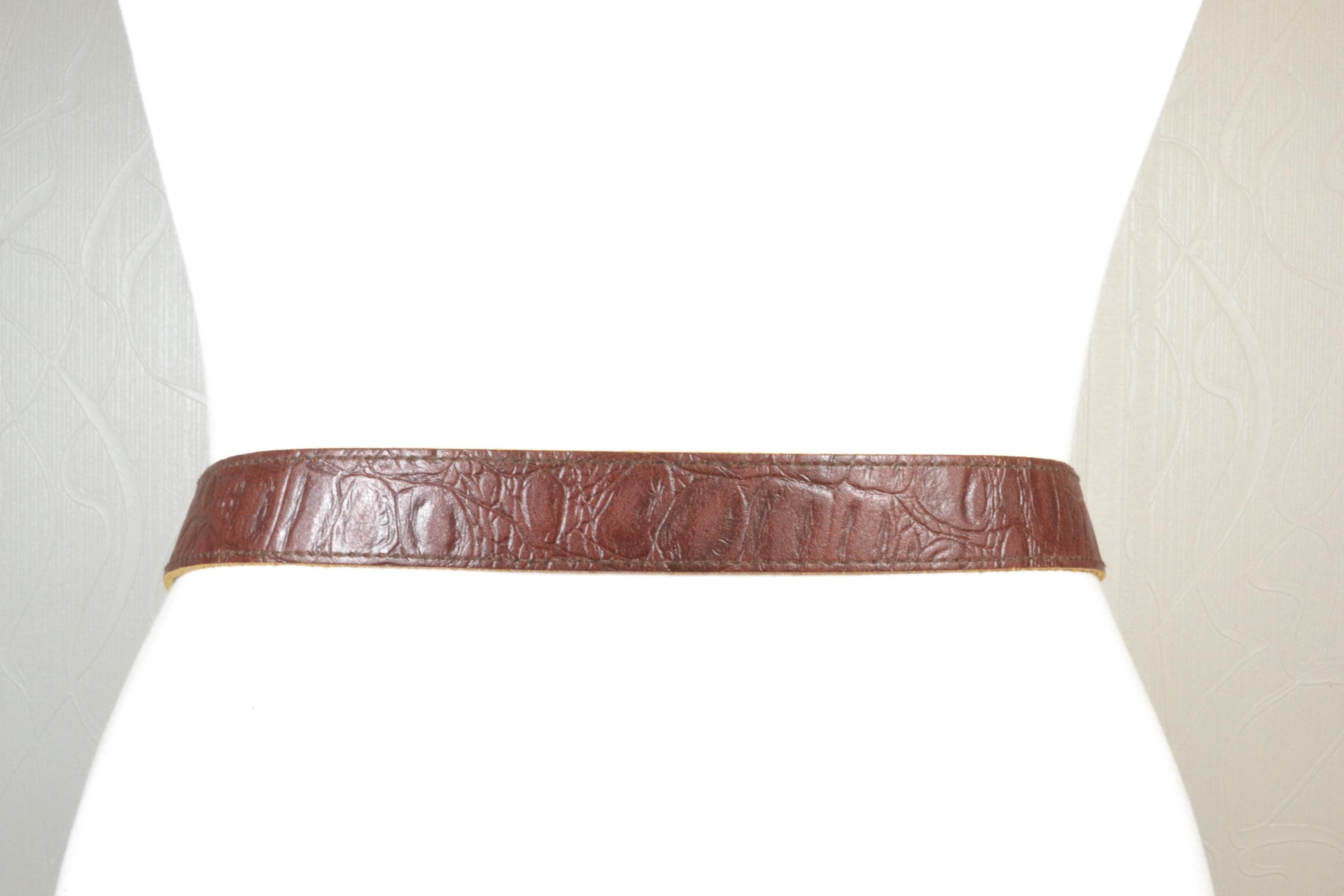 Brown Embossed Leather Belt for Women, Croc Pattern Belt 