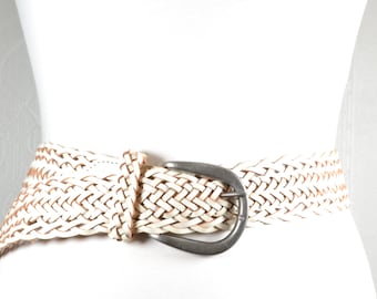 White Leather‎ Braided Woven Belt Women\'s XL 28 Silver Buckle 28\