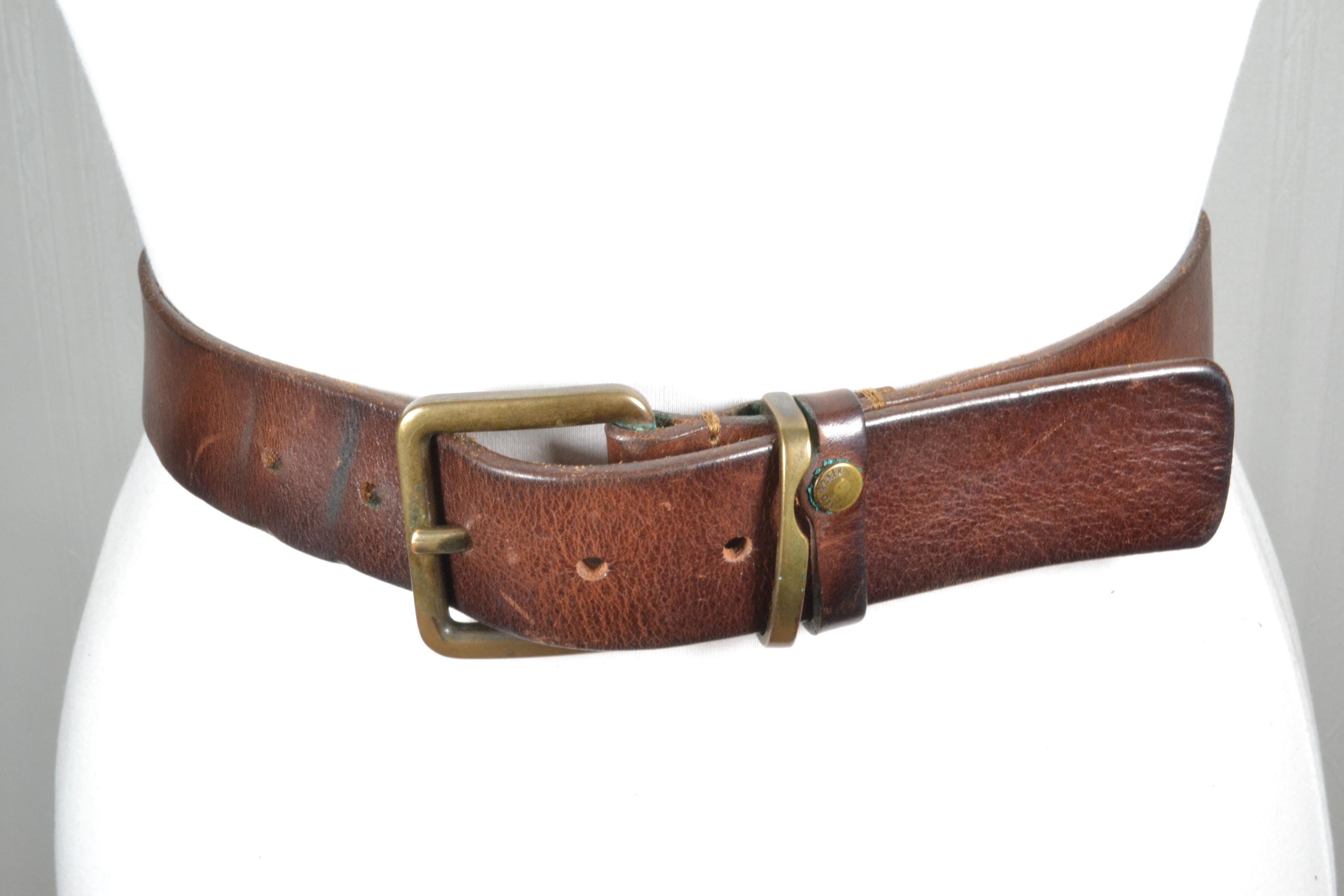 Vintage Brown Leather Belt: Unisex Brass Buckle, Rustic 