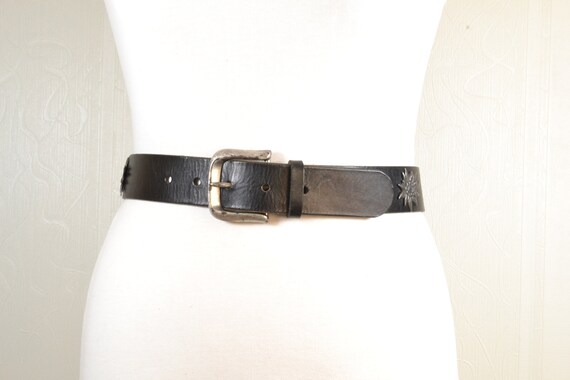 Vintage Black Leather Belt: Sun Decorated Boho Belt With
