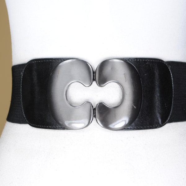 Black Wide Stretch waist Belt for women with Massive Metal Buckle. Elastic Corset Belt