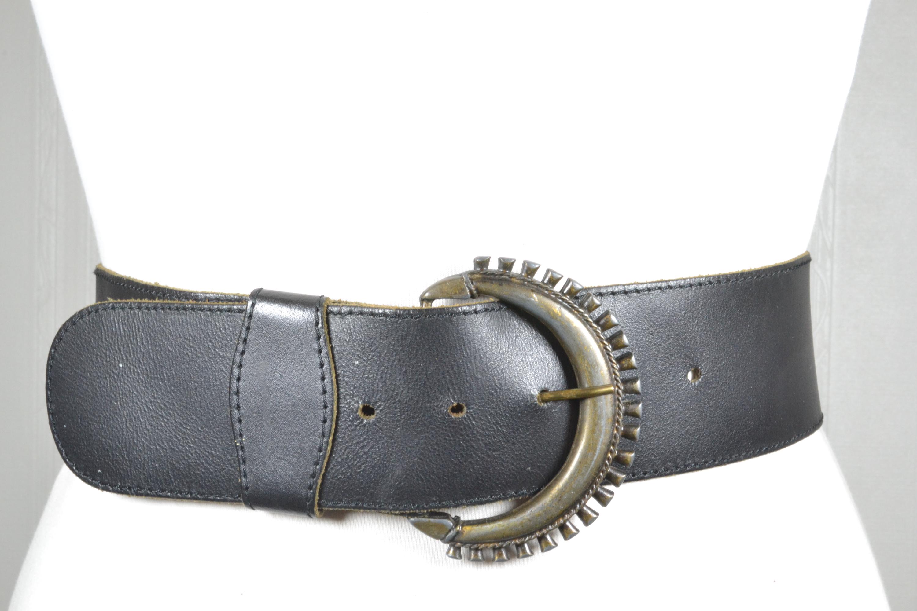 Vintage Wide Black Leather Belt, Oversized Silver Buckle  display picture 2