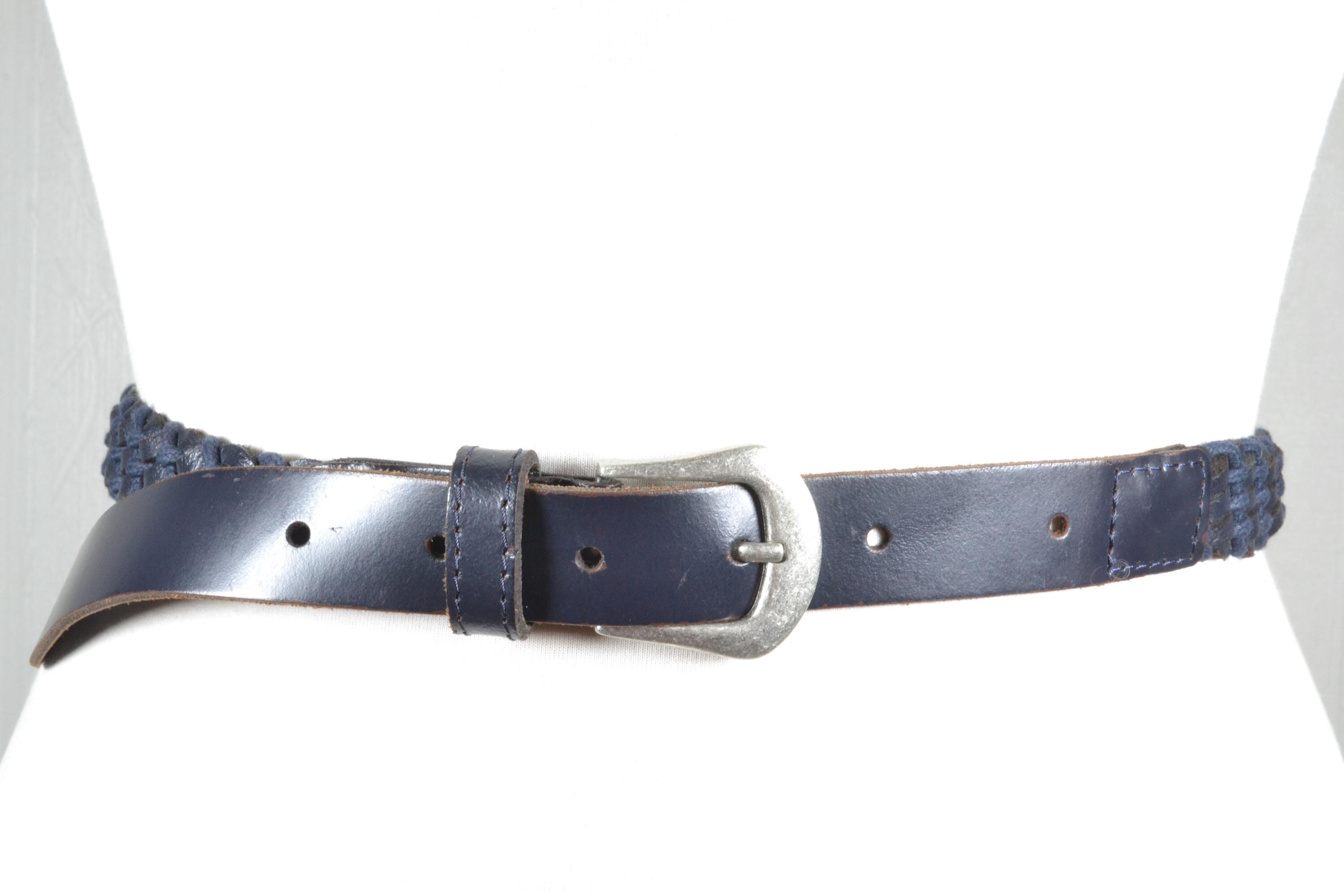 Vintage Navy Blue Leather Belt: Braided Back, Silver Buckle  display picture 1