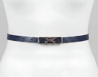 Vintage Navy Blue Leather Belt, Geometric Buckle, Slim Waist Belt