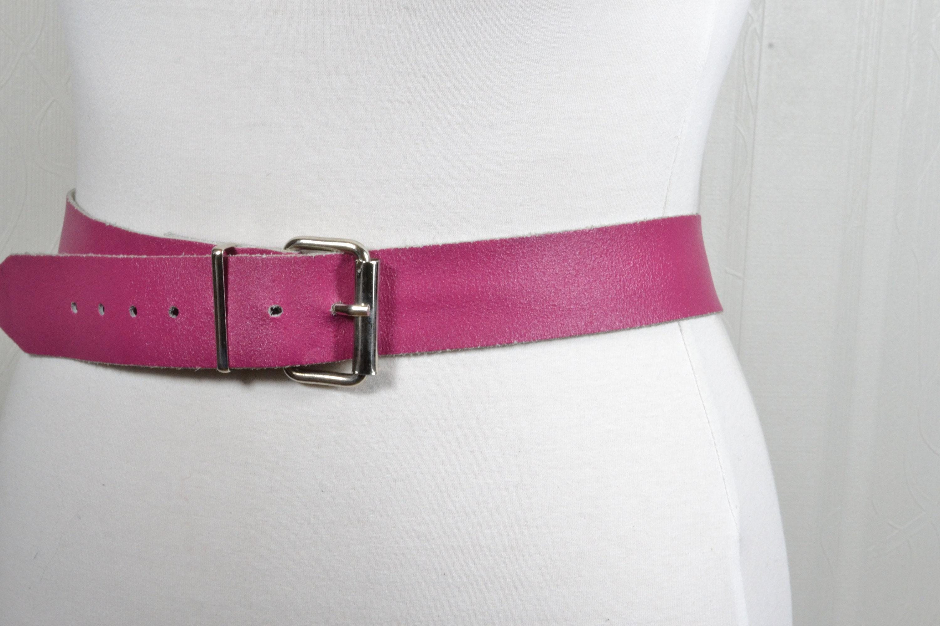 Vintage Pink Leather Belt With Silver Buckle, Adjustable 