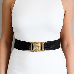 Vintage Black Leather Belt with Gold Chain Buckle, Elegant Statement Belt, 80s 90s Fashion Black Belt