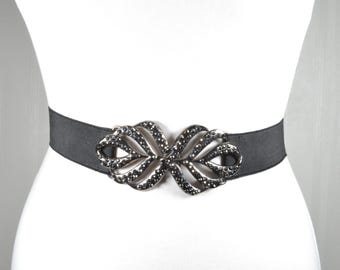 Vintage Black Rhinestone Silver Metal Buckle Elastic Wide  display picture 1