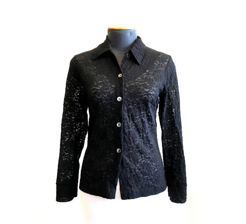 Black see through lace blouse long sleeve size M
