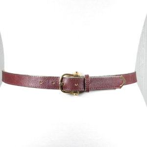 Vintage Burgundy Leather Belt: Skinny Gold Buckle Waist Belt