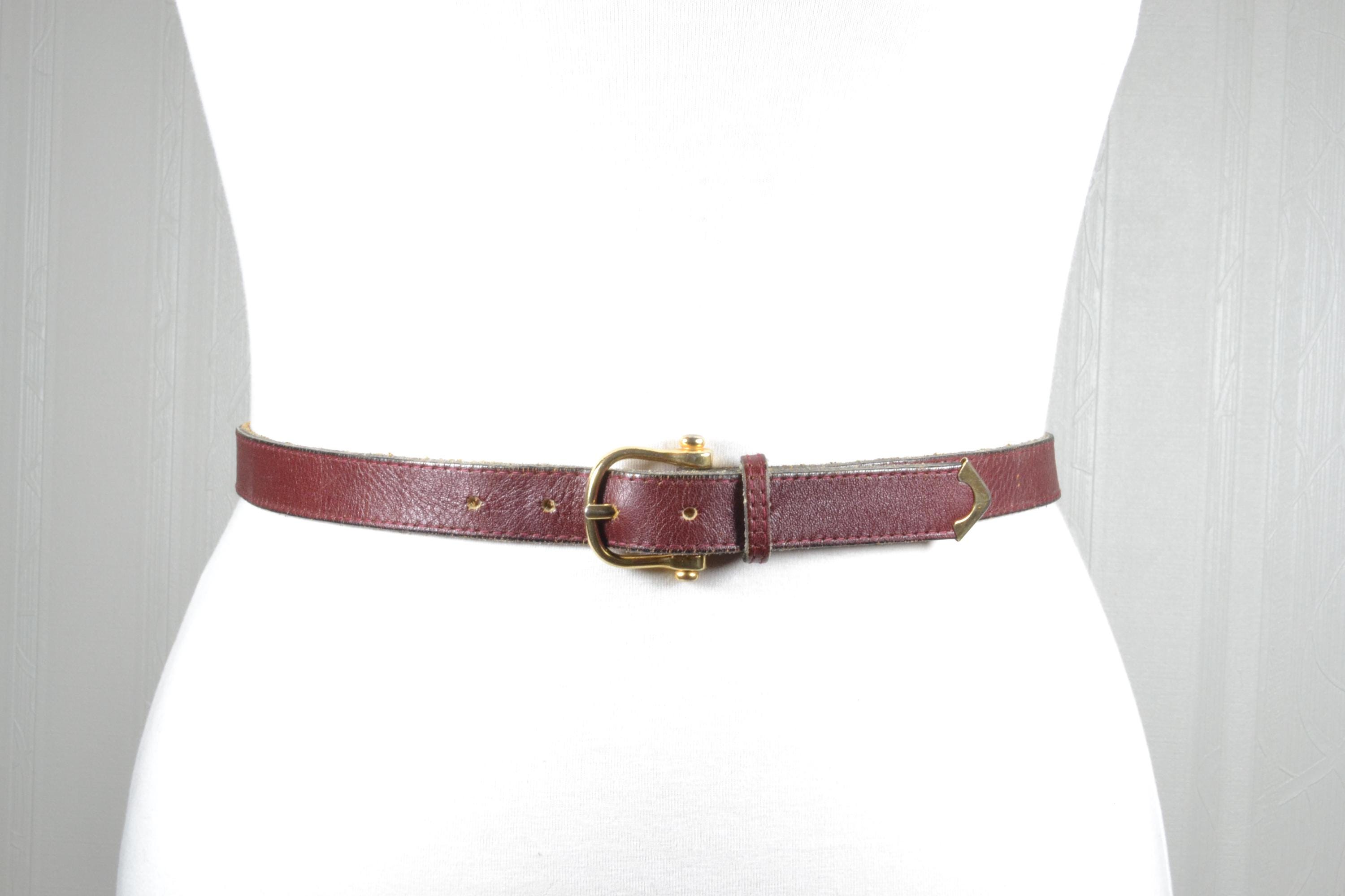 Vintage Burgundy Leather Belt: Skinny Gold Buckle Waist Belt  display picture 1