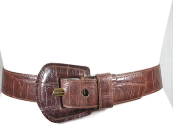 Vintage 90s Croc Embossed Leather Belt, Cognac Brown, Silver  display picture 1