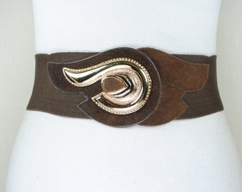 Brown Elastic Stretch Belt, Gold Ornamental Buckle,  Corset belt for Women