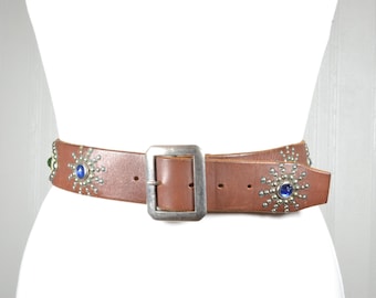 Handmade Brown Leather Riveted Belt: Vintage Western Boho Style