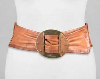 Vintage Jane Norman Brown Leather Belt: Wide Gold Buckle, Stretch Boho Waist