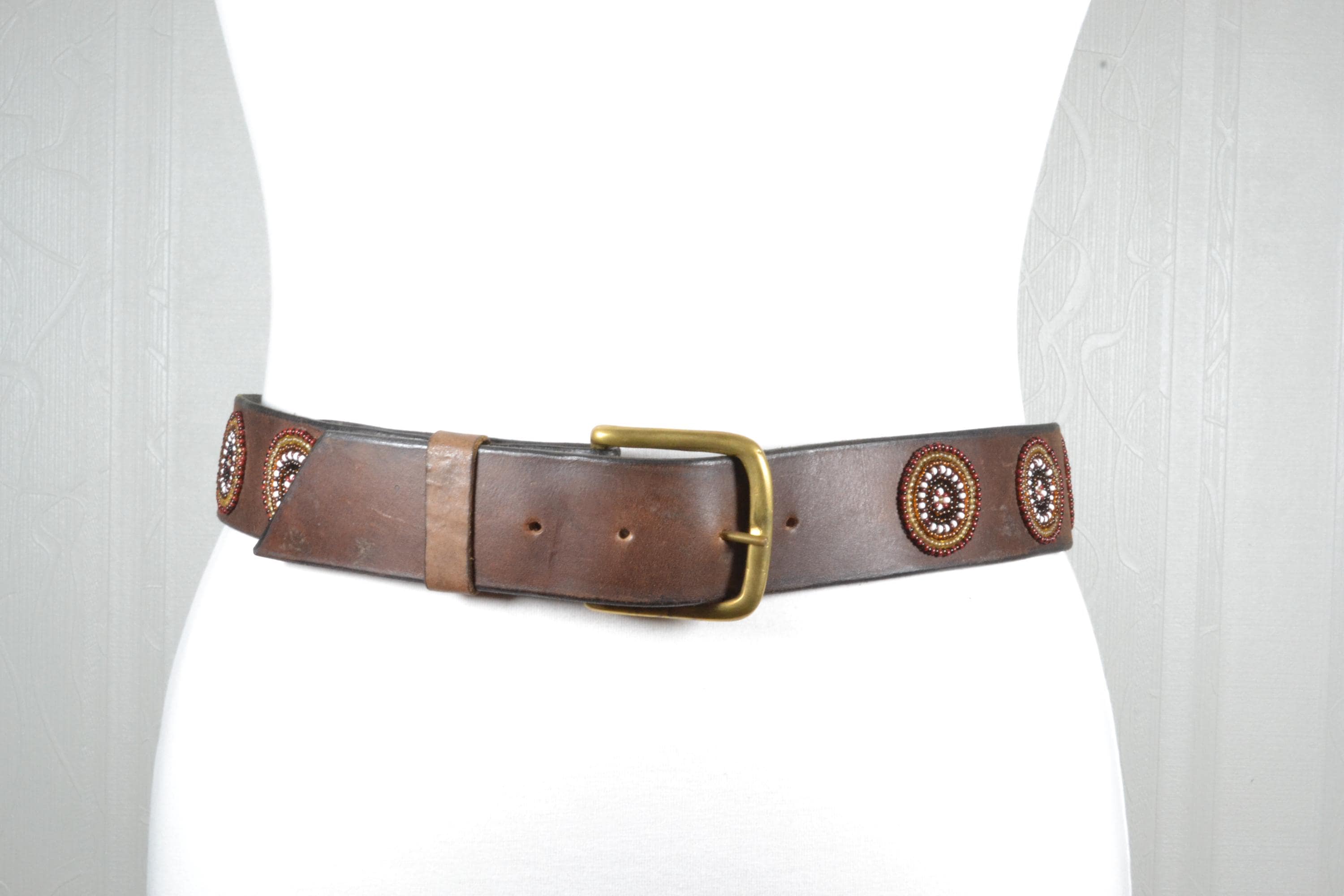 Vintage Brown Leather Belt With Brass Buckle and Beaded  display picture 3