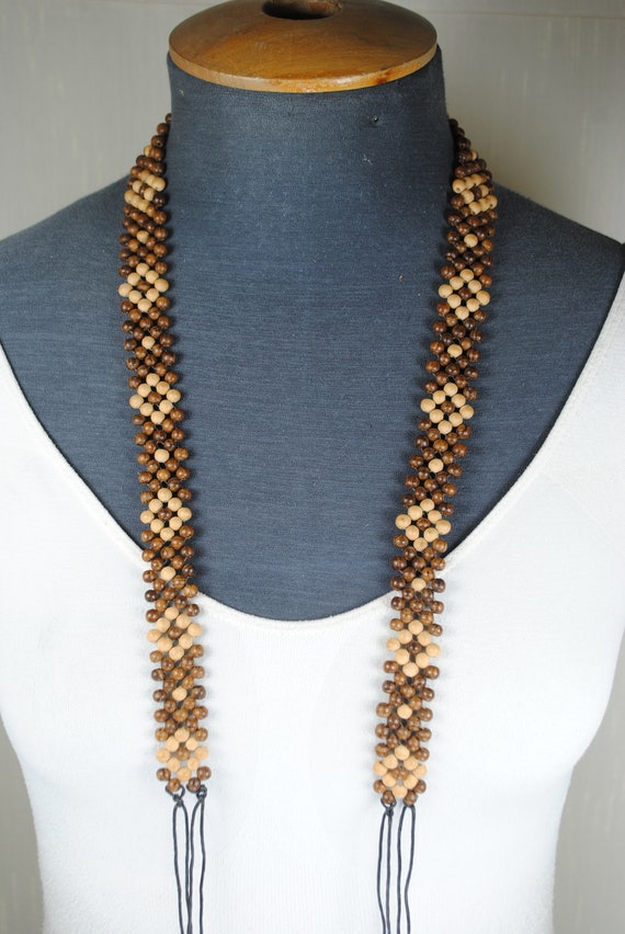 Vintage Brown Wood Bead Tie Belt - Boho Women display picture 1