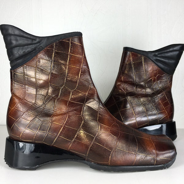 1970s brown reptile leather ankle boots for women size US 6.5 EU 37