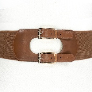 Brown Elastic Stretch Belt for Women, Double Buckle Waist Belt, Adjustable Wide Belt, Comfortable Pull-On Belt, Boho Casual Belt