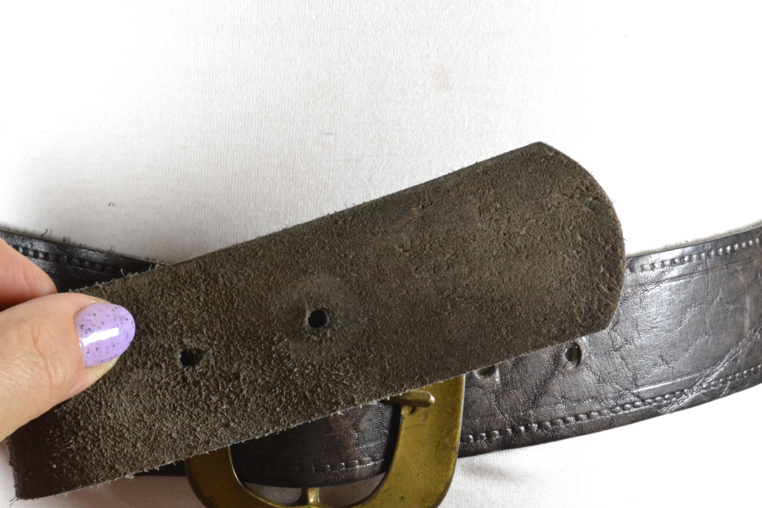 Vintage Dark Brown Leather Belt: Embossed Western Brass  display picture 2