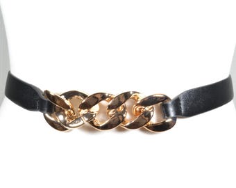 Vintage Black Leather Belt With Gold Chain Link - Elegant  display picture 1