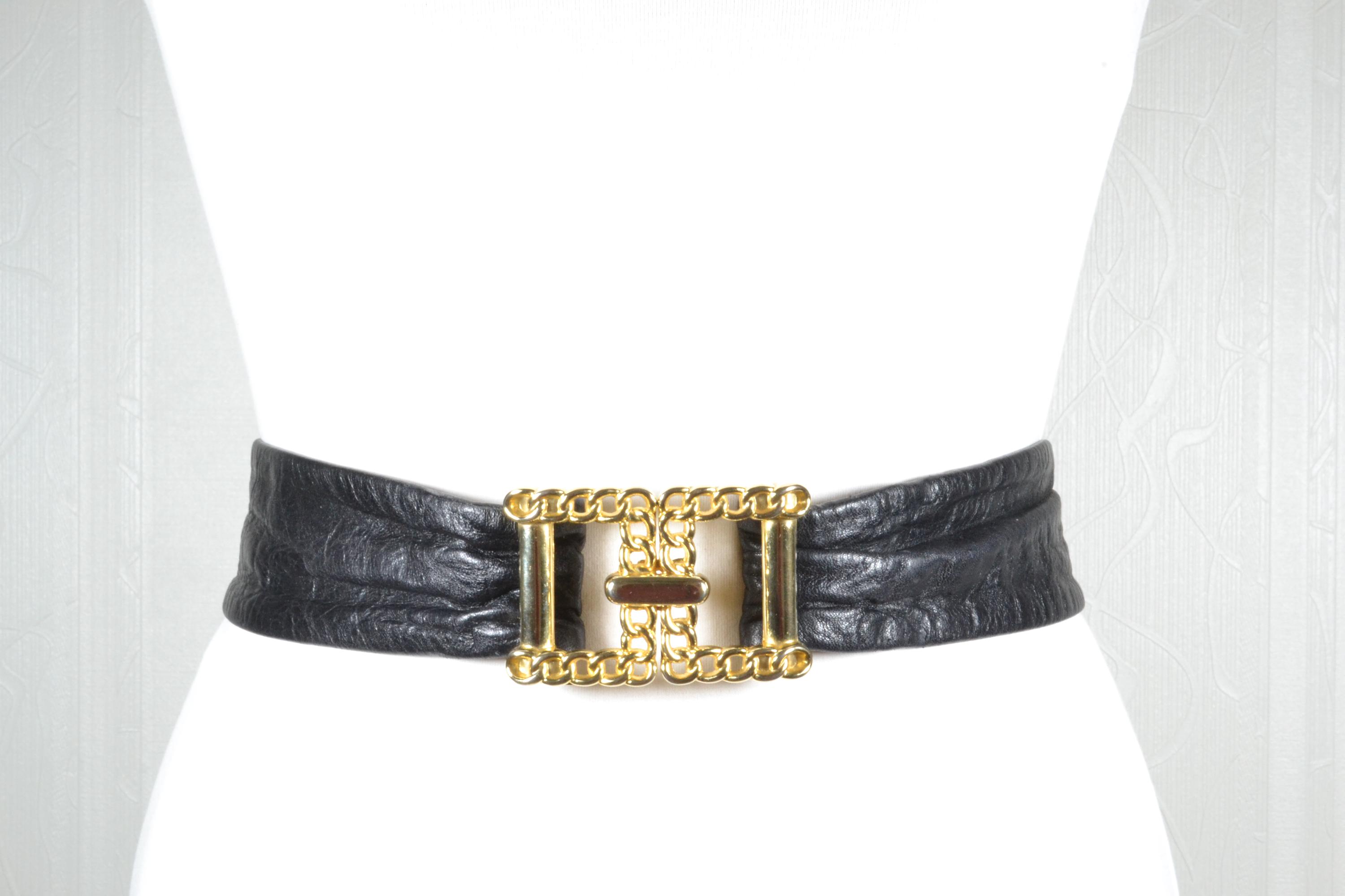 Vintage Black Leather Belt: Gold Chain Buckle, Elegant 