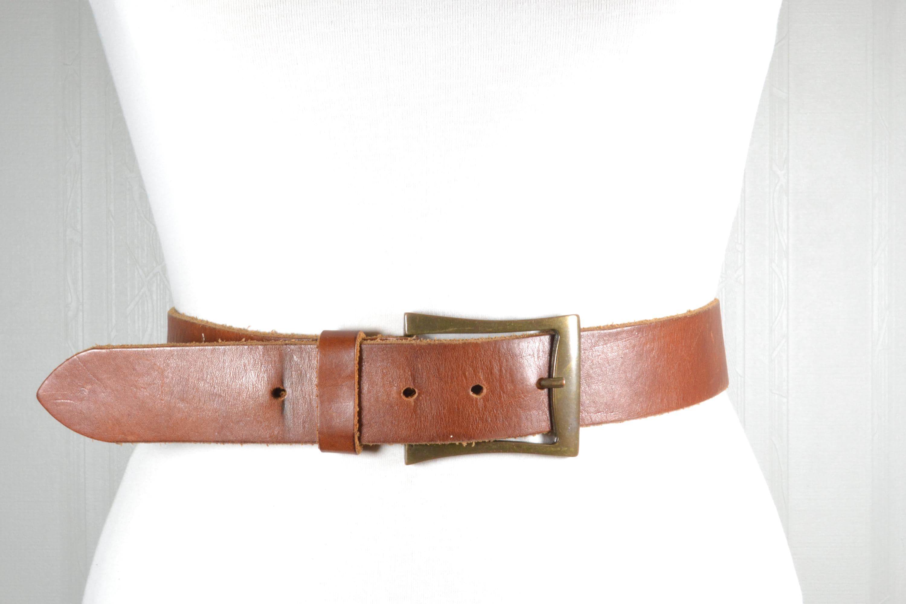 Vintage Brown Leather Waist Belt: Antique Brass Buckle, Wide  display picture 3