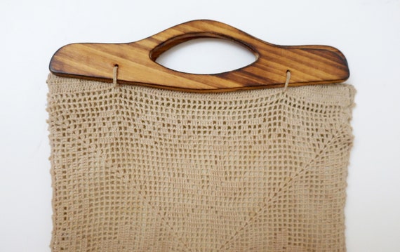 1960s beige crochet hand bag for women with woode… - image 4