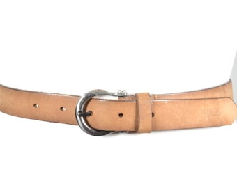 Vintage Classic Tan Neutral Brown Leather Belt with Rounded Buckle, Everyday Unisex