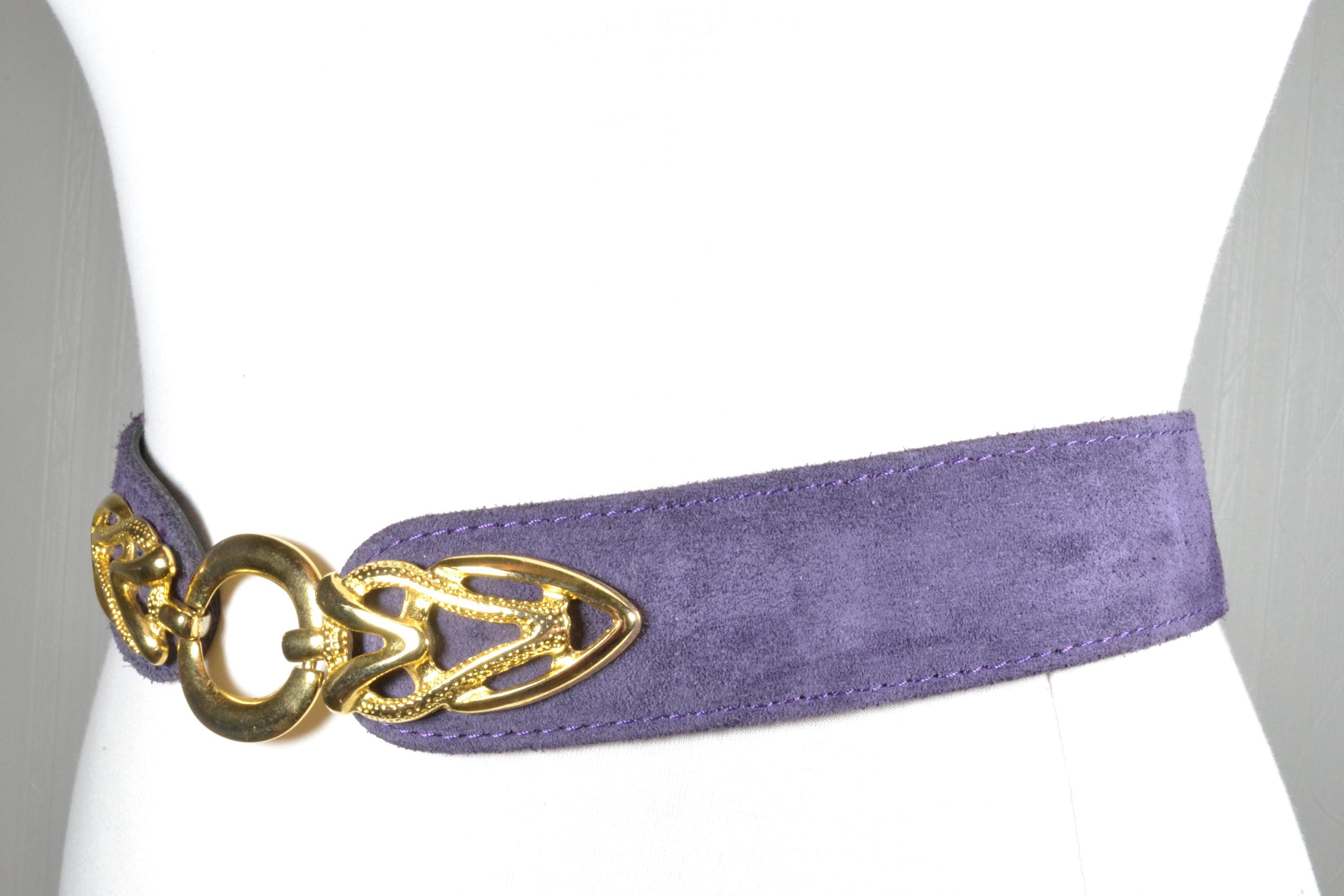 Vintage Purple Suede Belt: Gold Celtic Buckle, Elegant Waist 