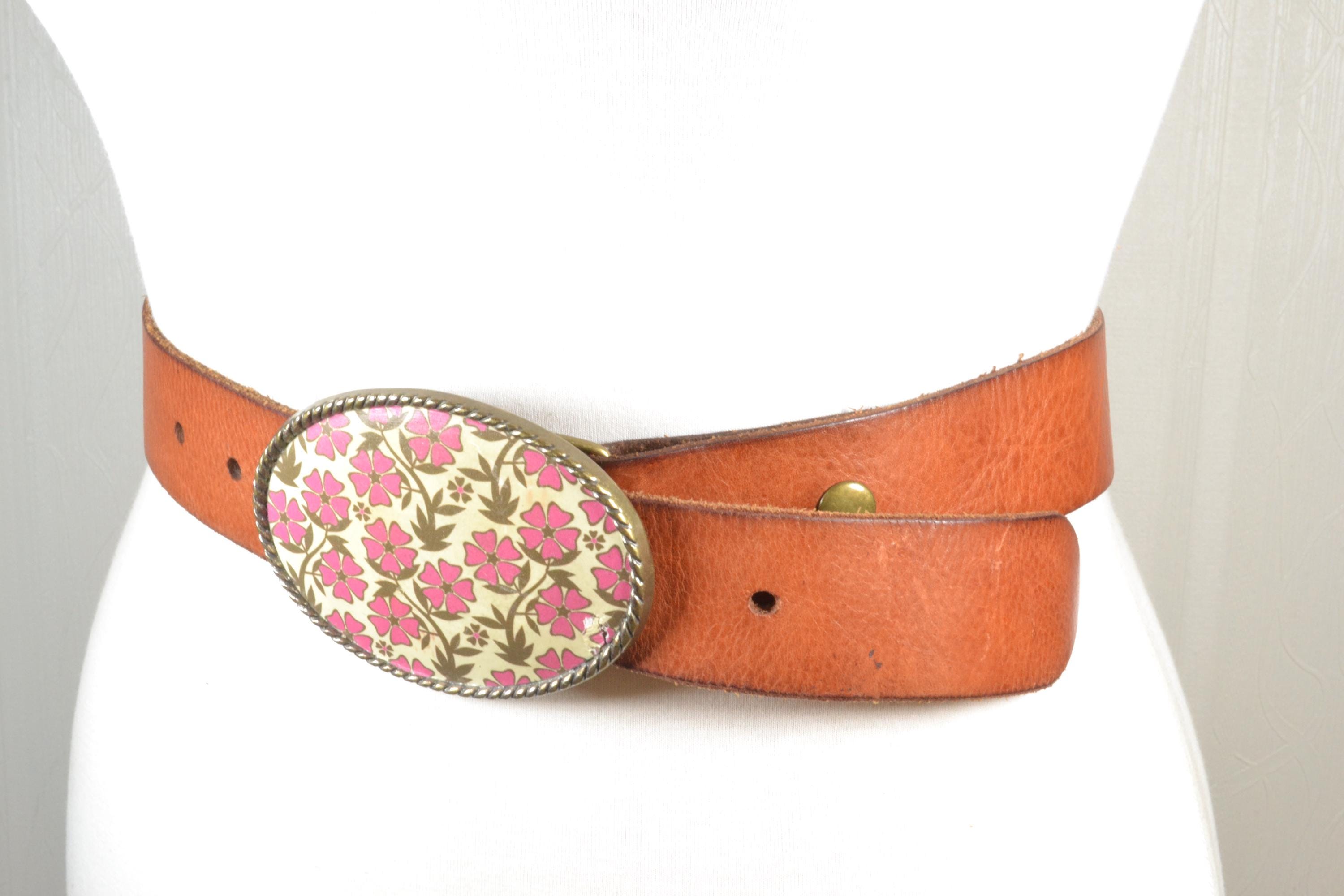 Vintage Brown Leather Belt With Floral Buckle, Bohemian 