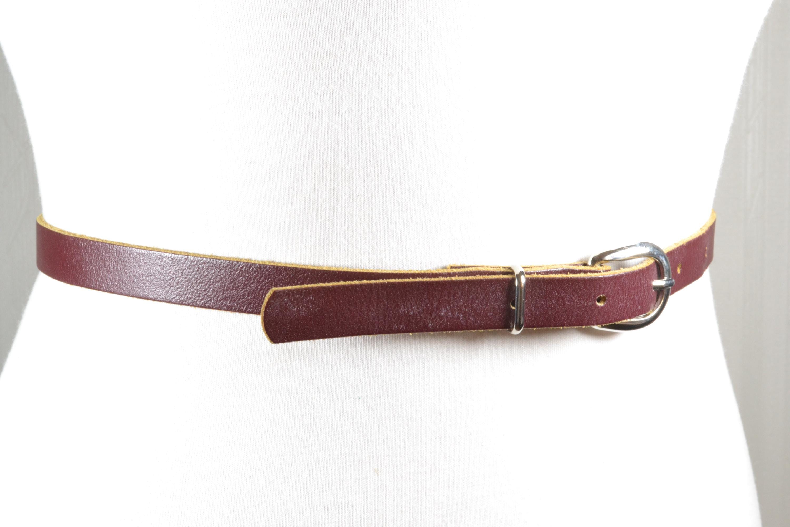 Vintage Burgundy Leather Skinny Belt, 90s Silver Buckle, Boho Chic
