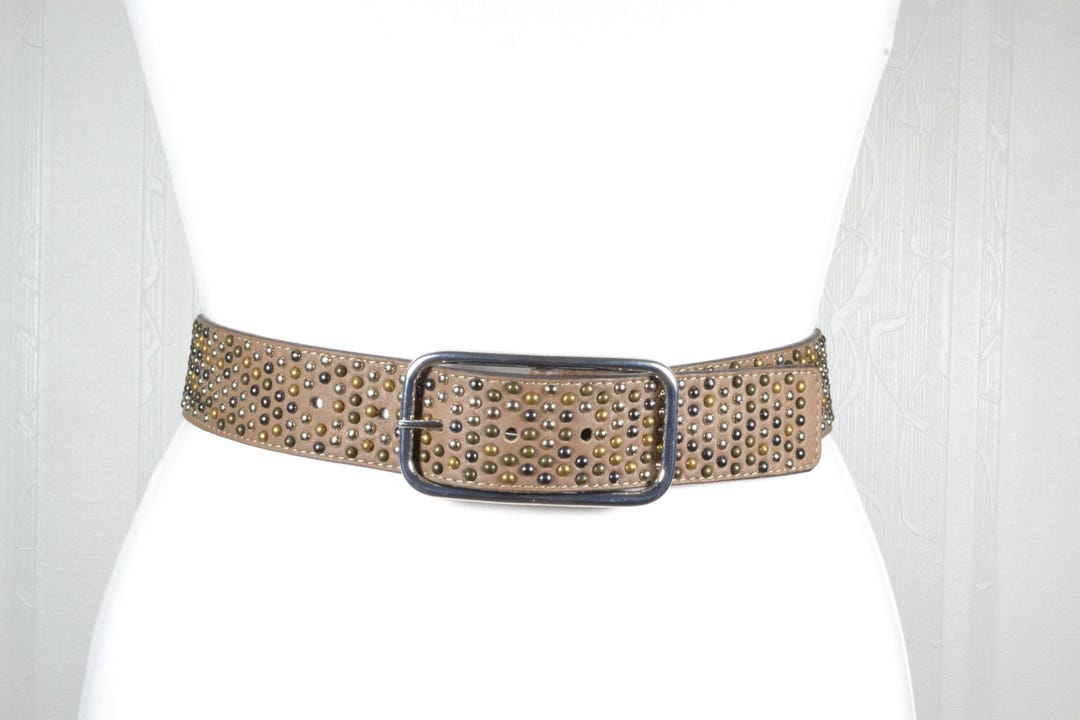 Vintage Studded Tan Brown Leather Belt With Square Buckle, 90s Rocker ...