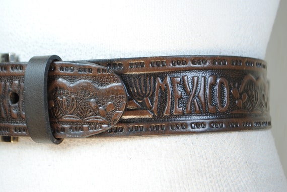 Brown engraved belt, South western belt, Mexico l… - image 4