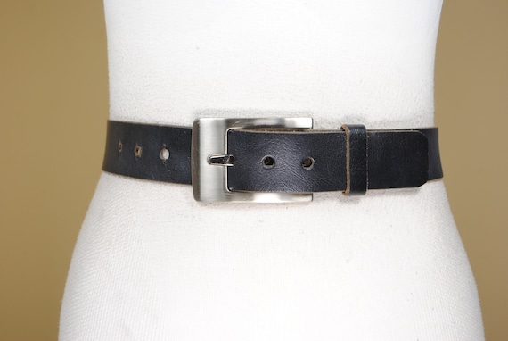 Vintage Black Leather Belt With Silver Buckle - Etsy