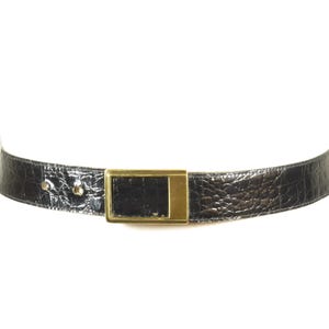 Vintage Black Croco Leather Belt, Gold Rectangular Buckle Belt, Pullman Black Belt, Elegant Women Men Unique Crocodile Embossed Belt