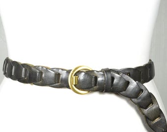 Vintage Black Braided Leather Belt with Gold Ring Buckle, Boho Bohemian