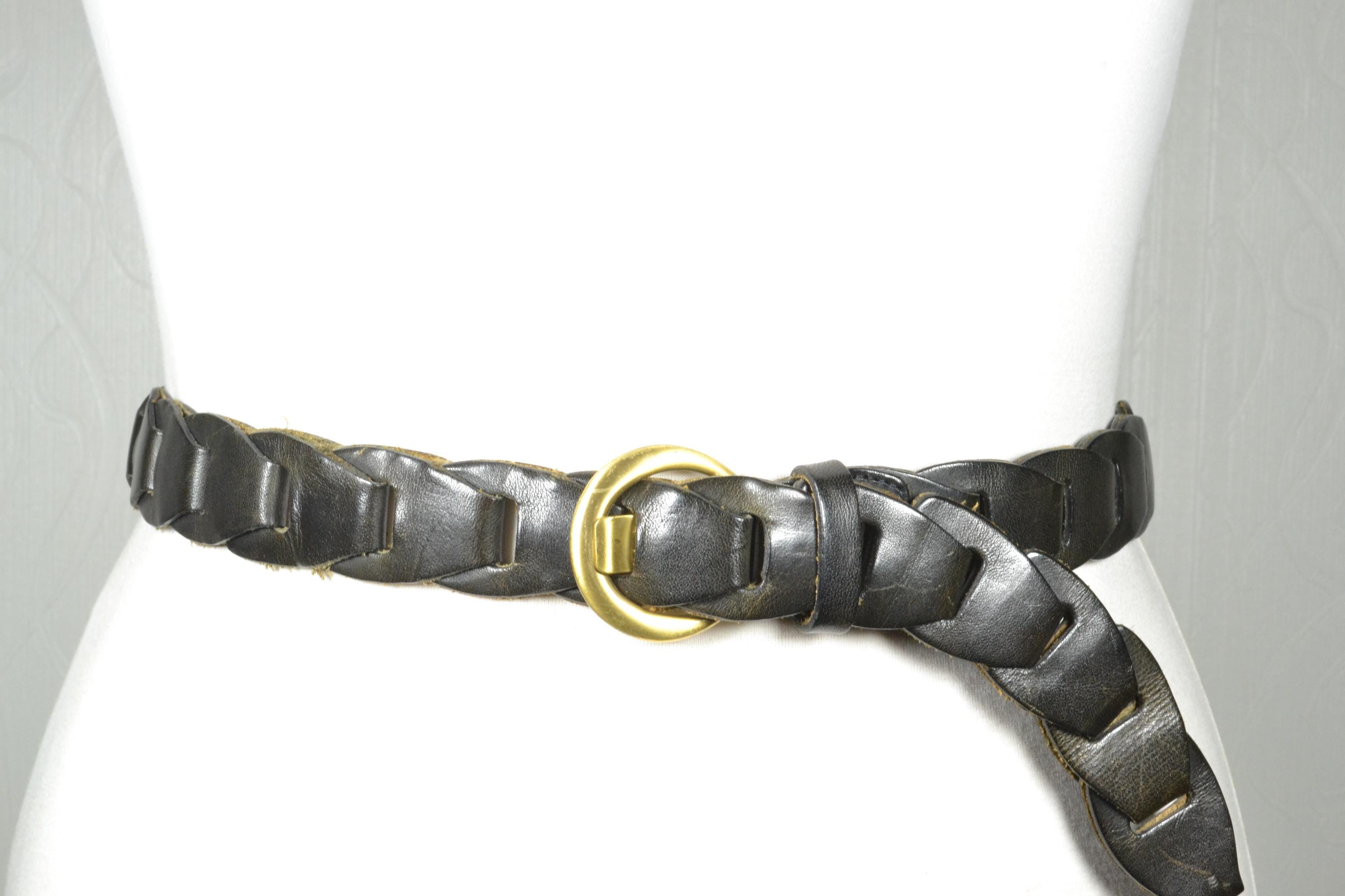 Vintage Leather Braided Waist Belt with Round Buckle - Black Women main image 4