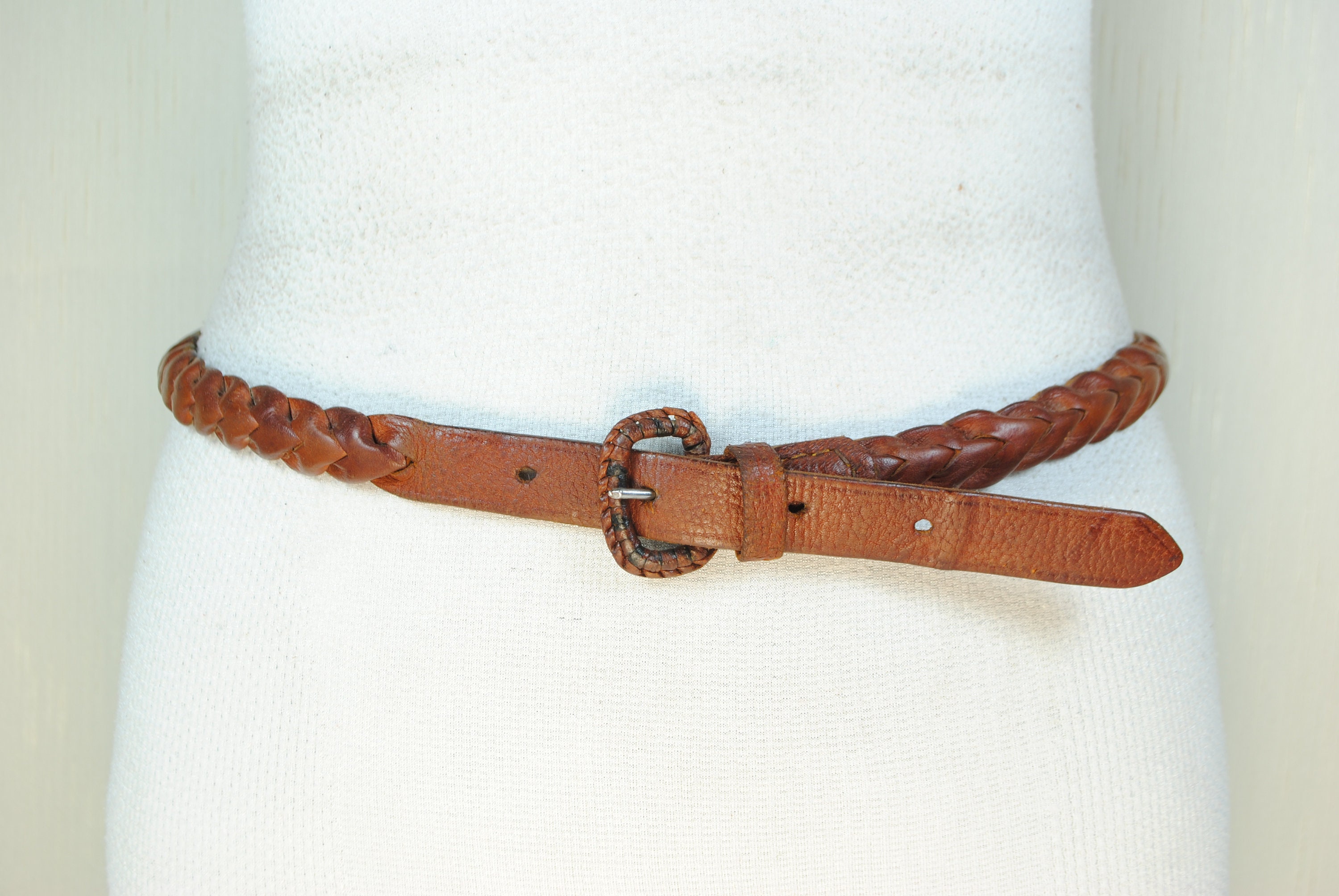 Brown Braided Leather Belt for Women, Tan Skinny Woven Belt