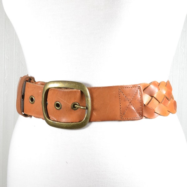 Wide brown braided leather belt with Brass Buckle