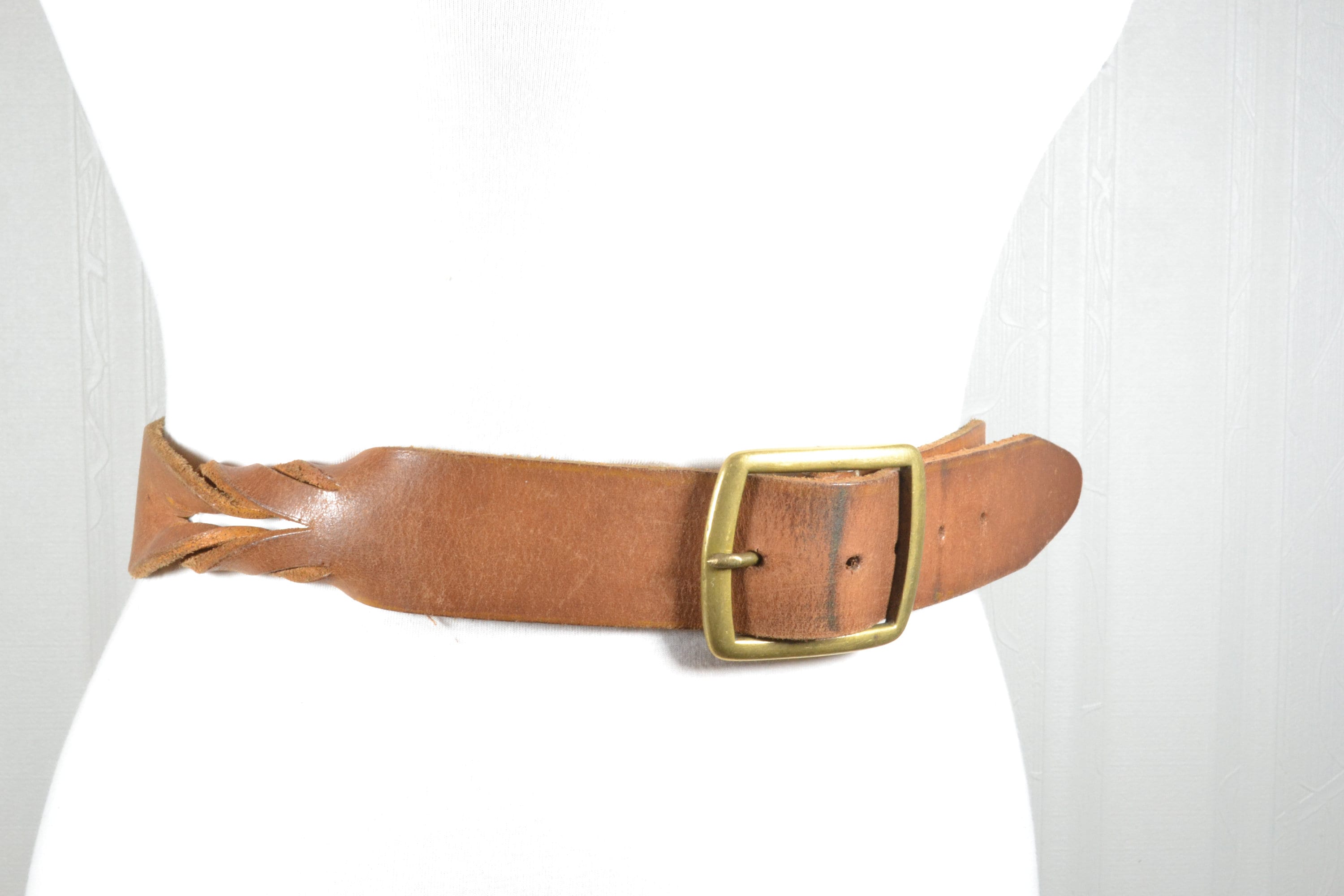 Vintage Tan Brown Leather Belt: Double Prong Buckle 