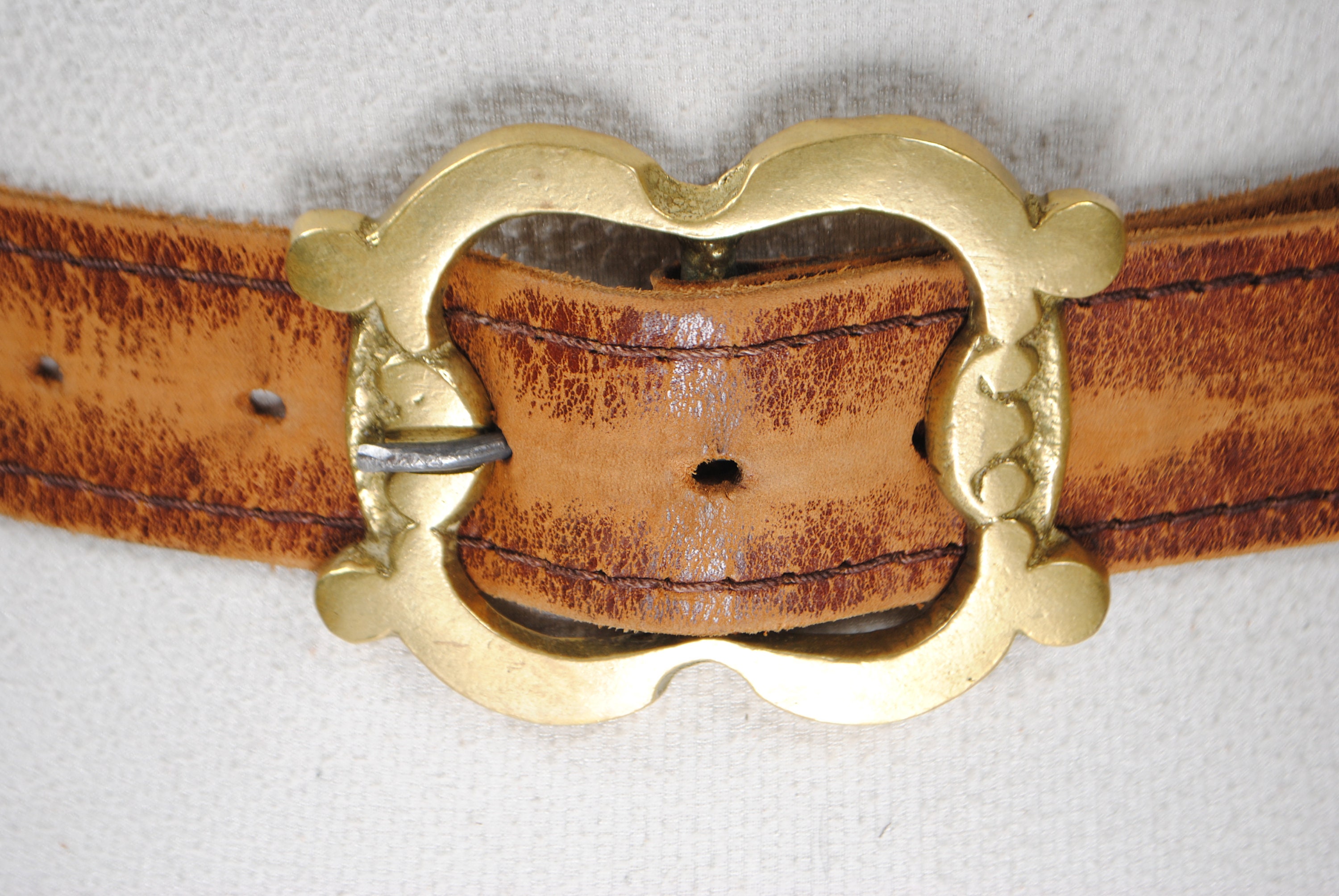Vintage Tan Leather Belt: Antique Brass Buckle, Boho Western 