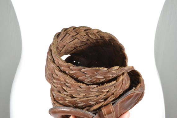 Woven Leather Cinch Belt, Round Buckle, Wide Braided Boho  display picture 1