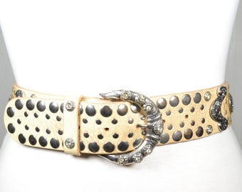 2000s Vintage Studded Belt Cracked White Leather Y2K Stud OS Used