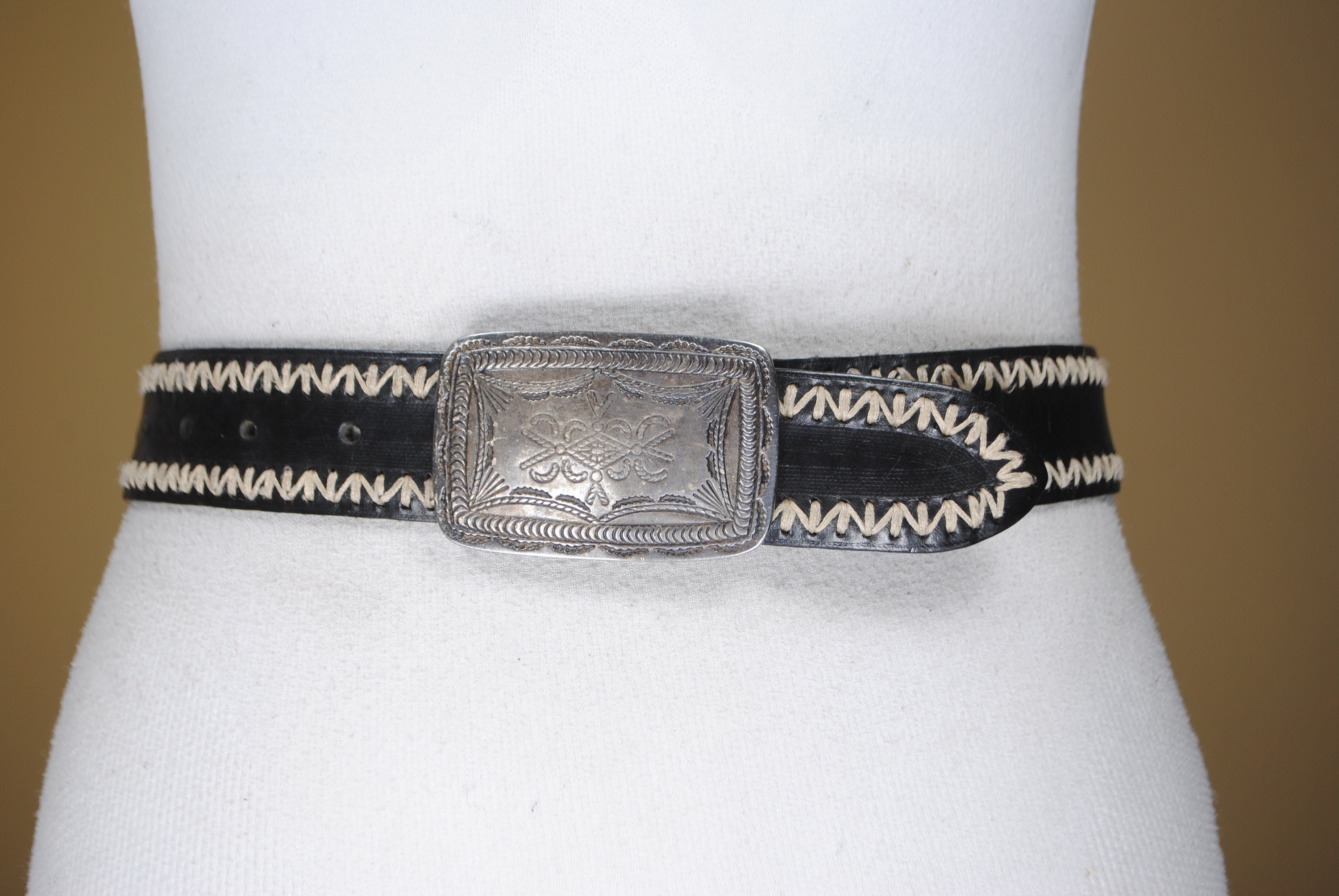 Black Stitched Belt Engraved Silver Buckle Unisex Belt - Etsy