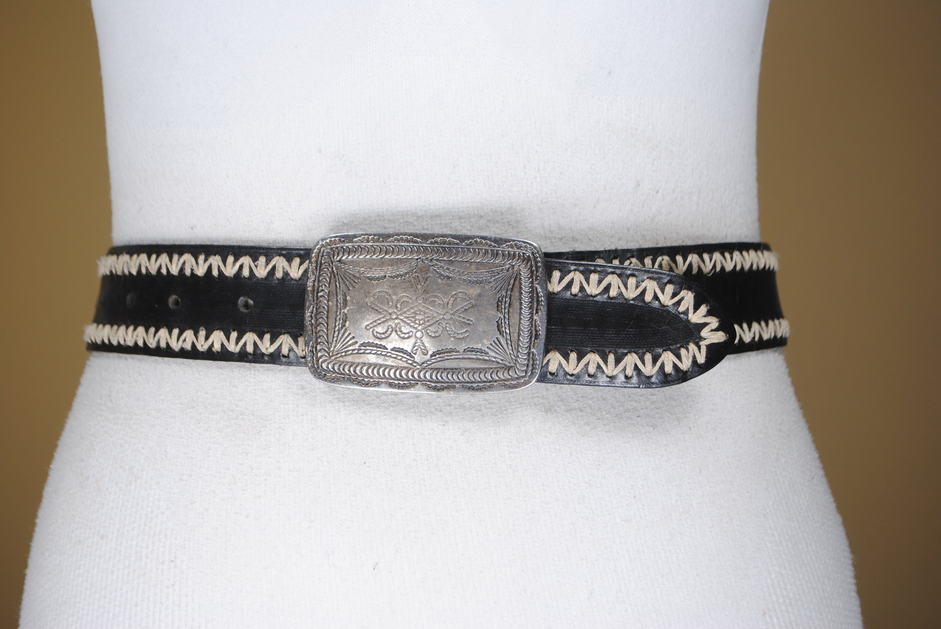 Black Stitched Belt Engraved Silver Buckle Unisex Belt Etsy