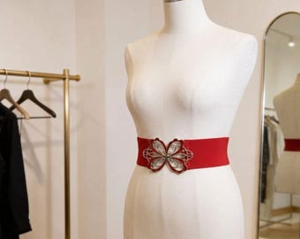 Red Stretch Belt with Bow Butterfly Buckle, Corset for Women
