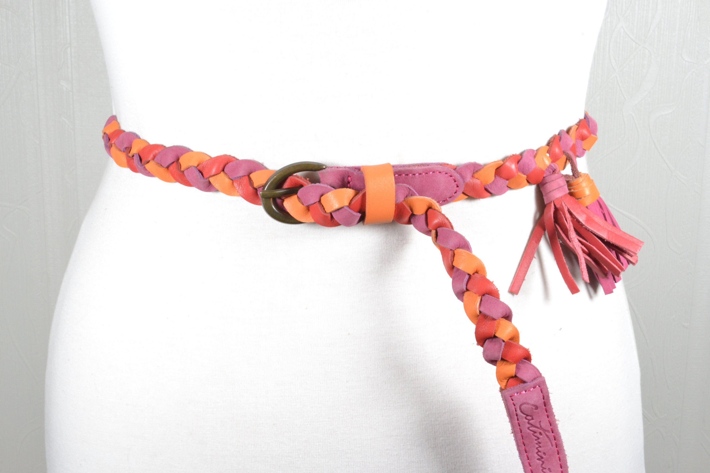 Bright Pink and Orange Braided Leather Belt With Tassel 