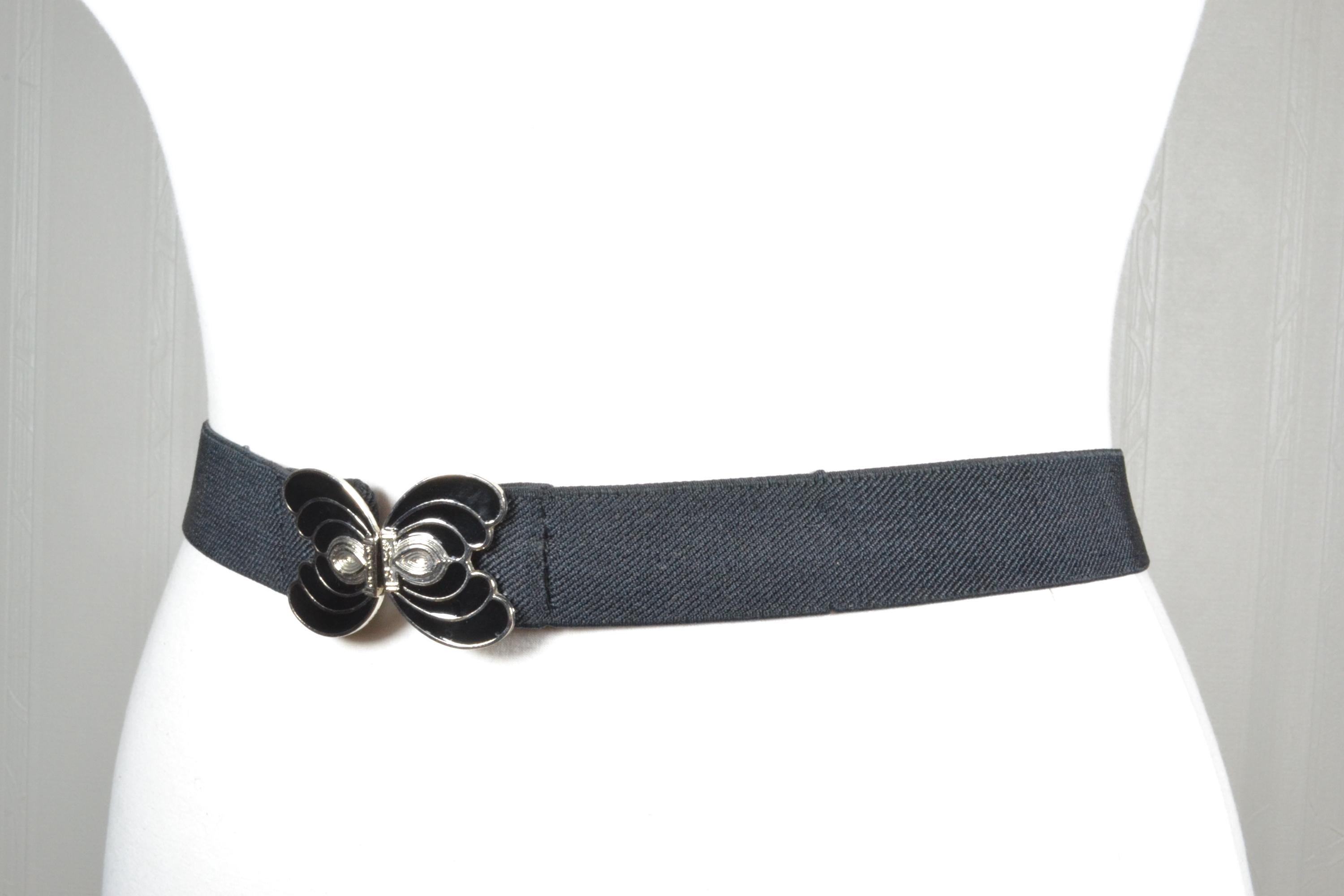 Vintage Butterfly Stretch Belt Black Metal Scale Elastic Waist Belt Size S/M Vintage Black Elastic Belt With Silver Butterfly Buckle  main image 4